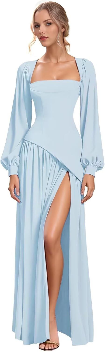 Long Sleeve Chiffon Bridesmaid Dresses for Women Square Neck Prom Dress with Slit Formal Evening Gown