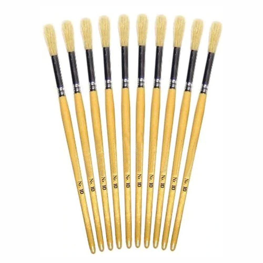 3 Ace Crafts Natural Wooden 10 Hog Bristle Round Tip Long Handle Brushes (Size 10) Nylon Hair Brush For Acrylic Painting Brushes For Kids, Paintbrush For Oil Painting, Art And Craft Brush For Artists, Beginners