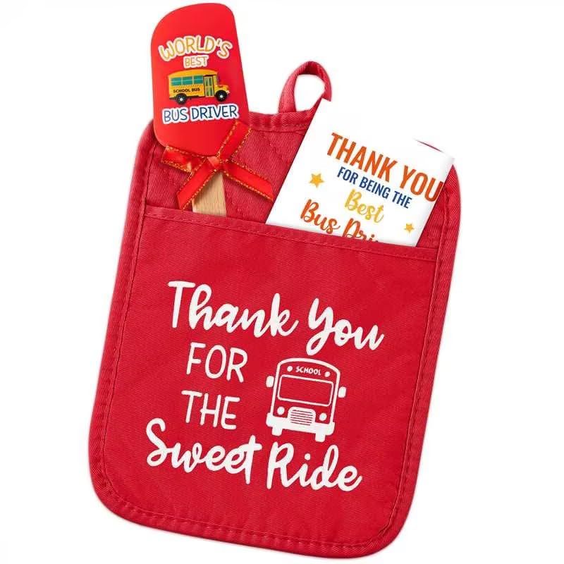School Bus Driver Gift Set - R HORSE 3Pcs Thank You Bus Driver Gift Red Pot Holder Silicone Spatula Set with Greeting Card Heat Resistant Oven Mitts for Bus Driver Retirement Baking Gifts
