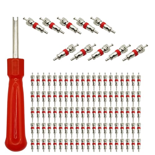 Image of 100Pcs Schrader Tire Valve Core and 1Pc Valve Core Removal Tool,Replacement for General Vehicles of Cars,Motorcycles,Bicycles and Trucks,Two Colors Seal Rubber Ring Available (Red)
