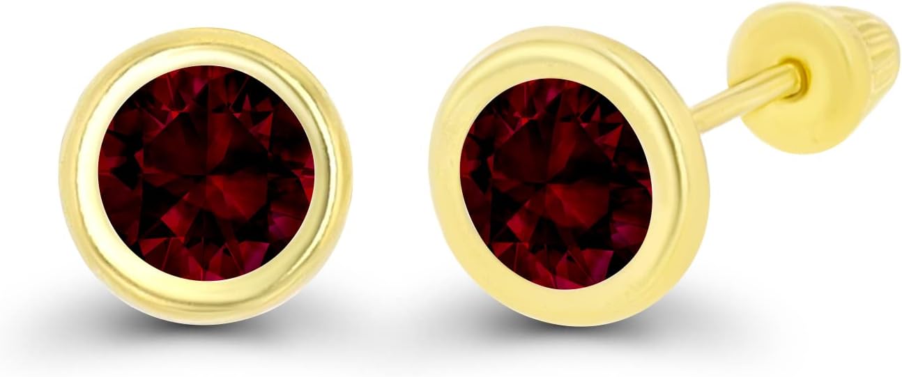 Solid 14K Gold Hypoallergenic 5mm Round Solitaire Birthstone Bezel Screw Back Stud Earrings - Image 2