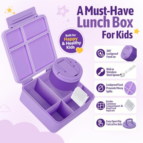 Image of MAXSO Bento Lunch Box Set for Kids with 8 oz Soup Thermo, Leakproof Hot Food Container with 4 Compartments, Insulated Food Jar for Toddler Daycare Boys Girls School - Purple