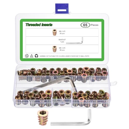 Sourcing Map 65Pcs M6-1x15 Zinc Alloy Hex Socket Drive Screw-in Nut Threaded Inserts with 1Pcs Hex Wrench, Wood Inserts Bolt Assortment Kit for Wood Furniture