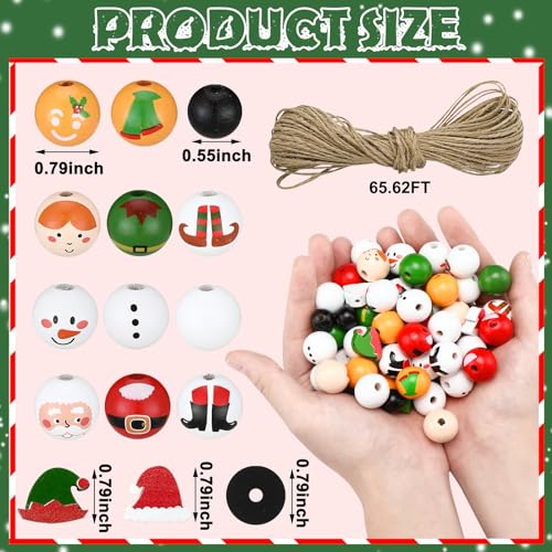 Suzile 150 Pcs Christmas Wood Beads with Twine Xmas Santa Gingerbread Man Snowman Elf Wooden Bead Farmhouse Rustic Round Wooden Beads for Crafts DIY Christmas Winter Party Supplies Decor Ornaments by Suzile - Image 2