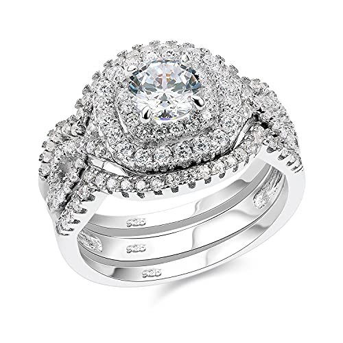 SHELOVES Engagement Wedding Ring Set for Women Double Halo Sterling Silver Round White AAAAA Cz Sz 5-10