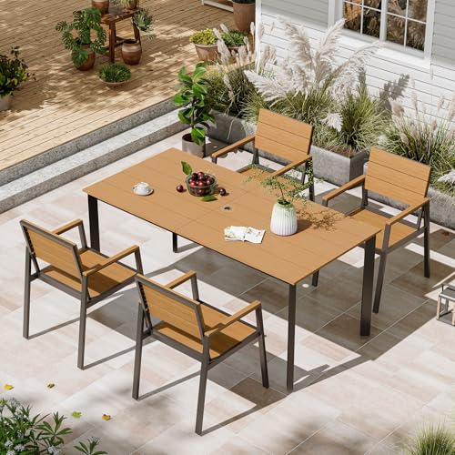 Image of Patio Table and Chairs Set, 5 Piece Outdoor Dining Set with Umbrella Hole, HDPS + Aluminum Patio Furniture Set for Garden (Gray & Teak)