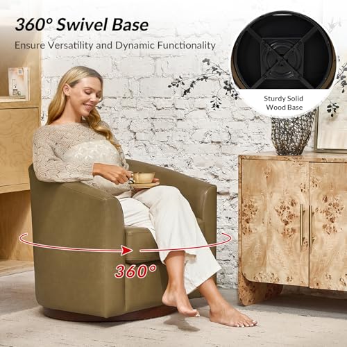 Image of HULALA HOME Genuine Leather Swivel Barrel Chairs Set of 2, Round Swivel Accent Chairs with Solid Wood Base, Leather Barrel Accent Chair for Living Room, No Assembly Required, Taupe