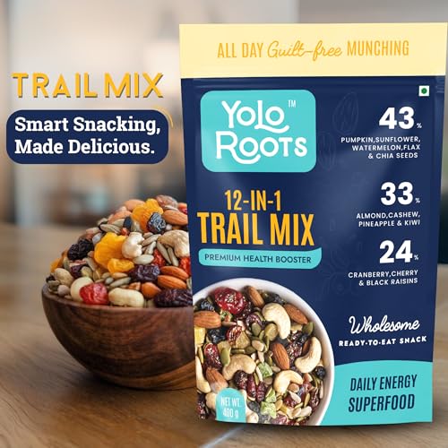 Image of Yolo Roots Trail Mix | Roasted 12-in-1 Dry Fruit & Nut Mix with Almonds, Cashews, Cranberries Pumpkin,Chia & Sunflower Seeds | High Protein & Fibre | No Added Sugar | Healthy Anytime Snack