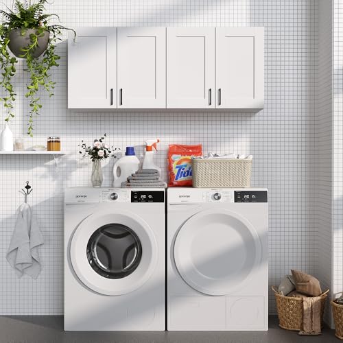 Image of White Laundry Room Cabinets and Storage with 4 Doors and Utility Adjustable Shelf,Gabinetes Para Cocina Cupboard Kitchen Organizers and Storage Pantry Wall Mounted 12.4 inchD x 47.2 inchW x 19.7 inchH
