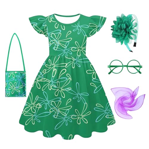 Disgust’s Dress with Green Floral Patterns,Ruffle Sleeve Dresses Headband and Glasses Christmas Birthday Outfit