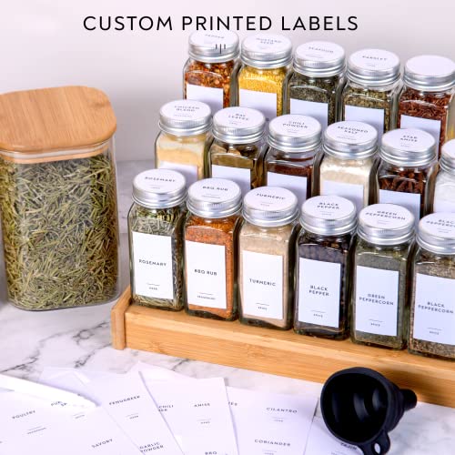 Laramaid 4Oz 63Pack Glass Jars With 640 Minimalist White Vinyl Spice Labels, Shaker Lids Dispenser With Airtight Silver Metal Caps, White Pen, Cleaning Brush & Collapsible Silicone Funnel Complete Spice Jar Set #TOP5