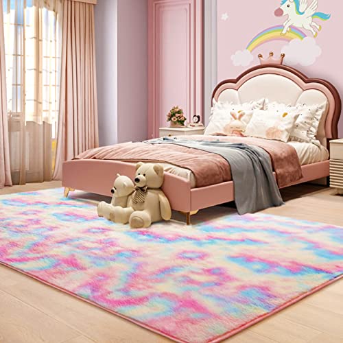 Rtizon Soft Rugs For Girls Bedroom, 4X6 Feet Shaggy Fluffy Rainbow Area Rug For Kids Playroom Living Room Dorm, Kawaii Tie-Dye Princess Rug For Kids Toddler #TOP1