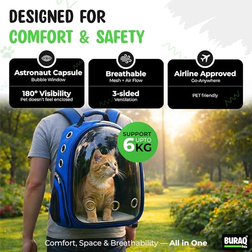 Image of Buraq Astronaut Pro Pet Carrier Backpack (41L x 32W x 26H cm) - Transparent Bubble Capsule Design, Airline-Approved, Breathable & Ventilated Travel Bag for Cats