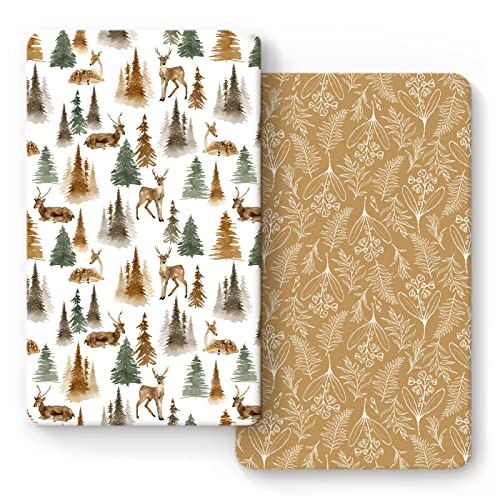 Image of Stretchy Ultra Soft Jersey Knit Fitted Crib Sheets Set 2 Pack, Fits All Standard Crib Mattress Pads Safe and Snug, Stylish Woodland Deer Crib Sheet
