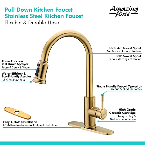 Amazing Force Touchless Kitchen Faucet With 2 Modes Pull Down Sprayer, Single Handle Automatic Motion Sensor Kitchen Sink Faucet With Fingerprints Resistant, Chrome 1.8 Gpm #TOP5