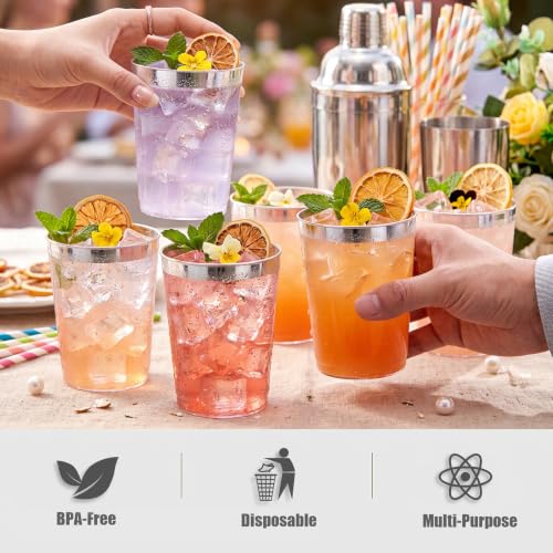 Image of DaYammi 200 Pack Silver Plastic Cups 10 Oz Clear Plastic Cups Silver Rimmed Disposable Wine Glasses Heavy Duty Disposable Tumblers Drinking Cocktail Glasses for Party Wedding