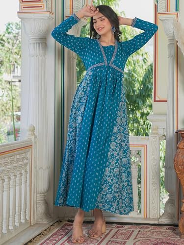 Image of Vbuyz Women's Floral Print Anarkali Cotton Aqua Blue Stitched Kurta | Anarkali Kurti for Women | Kurta for Women