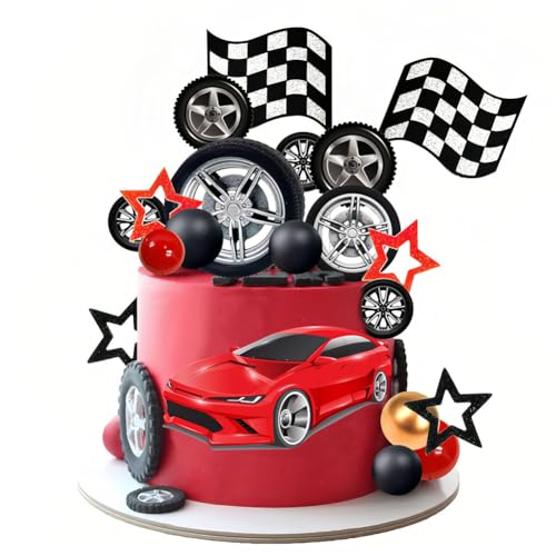 Topper Torta De Cumpleaños Cars, Coche Cake Topper, Deco Pastel De Feliz Cumpleaños Con Bandera a Cuadros y Tema Carreras Para Niños 27pcs, Rojo y Negro