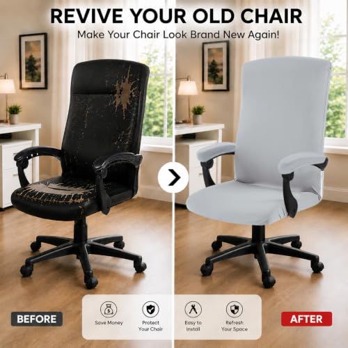 Image of DIVA EN CAMINO DEC Stretch Computer Office Chair Cover with Armrest Covers Durable Zipper Universal Spandex Rotating Boss Chair Slipcovers Anti-dust Soft Desk Chair Seat Protector, Light Gray