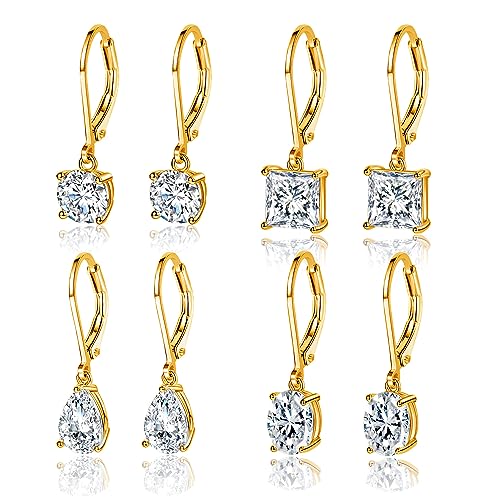 MDFUN 18K Gold Plated Dangle Earrings for Women Leverback Earrings Set Cubic Zirconia Drop Earrings Hypoallergenic Jewelry Gifts for Her