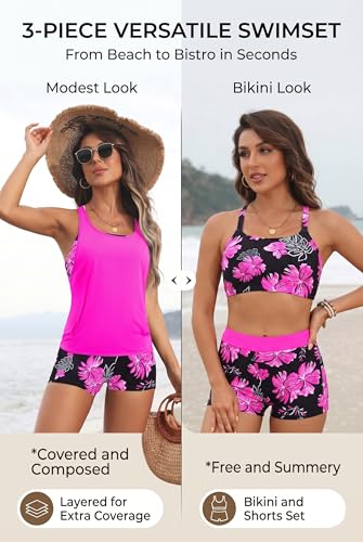 Image of 3 Piece Swimsuits Open Tie Back Tankini Top And Athletic Swim Shorts | Supportive Strappy Swim Bra, Adjustable Straps, Removable Pads, Tummy Control Boyshorts, Quick Dry Fabric, XXS-20 Plus