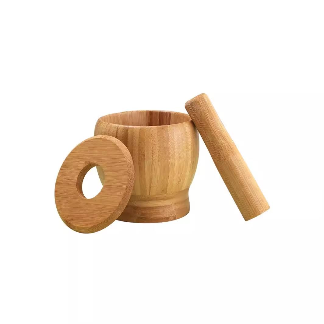 Garlic Press Crush Jar Bamboo Mortar & Pestles Set Rolling Bowl for Pepper Garlic Various Spice (Bamboo, L:4.72''x3.94''x4.72'')