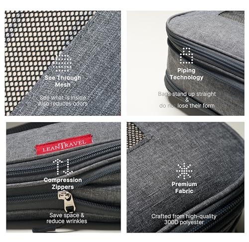 Image of LeanTravel Compression Packing Cubes Luggage Organizers for Travel with Double Zipper - Set of 6 - Color Grey