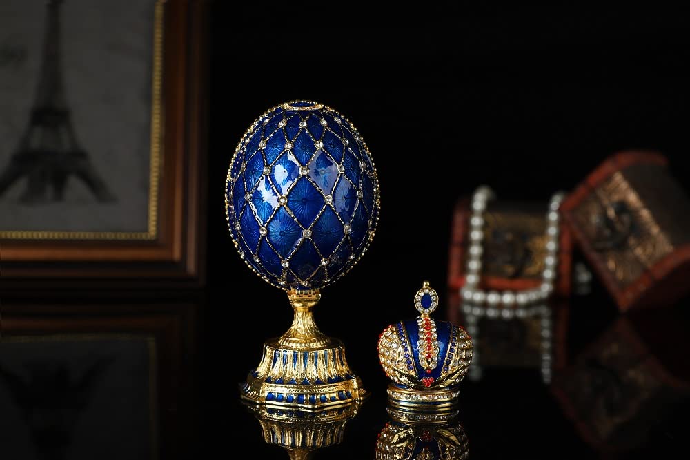 QIFU Faberge Style Egg Blue Réplicas con bisagras y corona regalo único para decoración del hogar