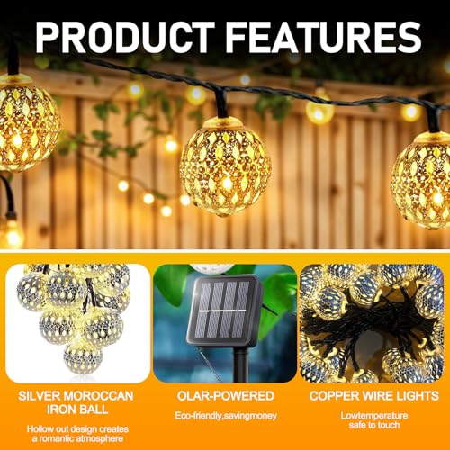 7M Led Lichterkette Marokkanische Solar,Solar Lichterkette Aussen,50 LED Kugeln Warmweiß,IP65 Wasserdicht mit 8 Modi,Solarbetriebene Gartenlampen für Balkon Terrasse Hochzeit Bäume Party Innen Außen