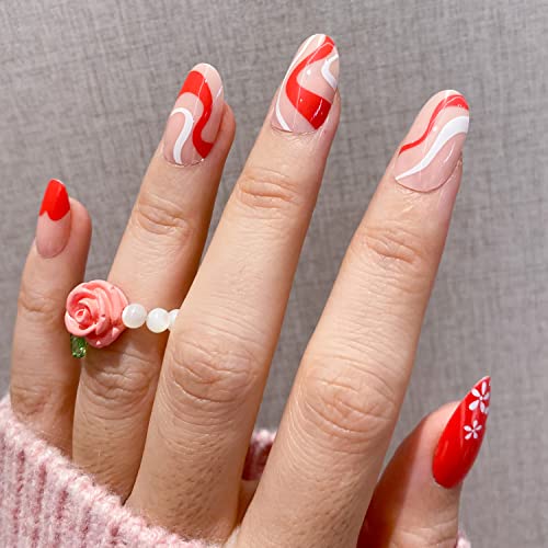 Novo Ovo Red Short Medium Almond Oval Pink Swirl Heart White Flower Thick Fake False Press On Nails Sweetie French Tip Iridescent Acrylic Stick On Nail Kit With Glue For Valentine's Mother's Day #TOP2