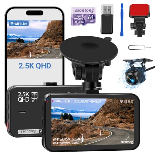Dash Cam Front and Rear, Dashcam WiFi/APP Control Car Camera Dash Cam W/ 64GB Card, 2.5K Dash Cam...