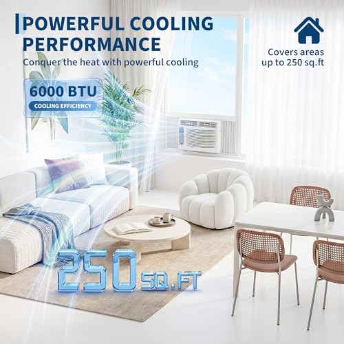 Image of Garvee 6000 BTU Window AC Unit with Remote Control, Cools Rooms up to 250 Sq Ft, 3 Cooling & Fan Speeds Quiet Operation, Digital Display WIFI, Easy Install Kit, for Bedroom, Office