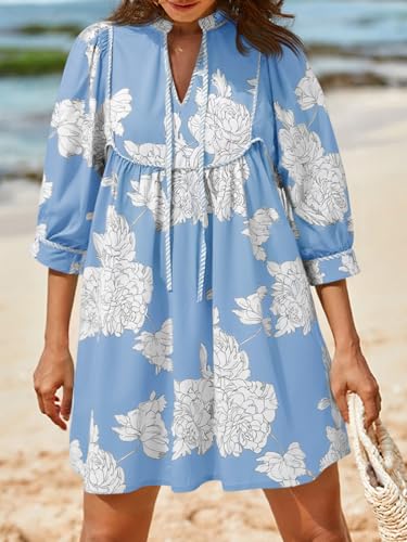 Image of Cicy Bell Womens Floral Mini Dresses 3 /4 Balloon Sleeve V Neck Flowy Babydoll Dress Summer Beach Vacation Boho Outfits