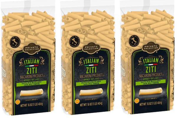 Italian Ziti Macaroni Product Bronze Cut Crafted With Golden Amber Drum Wheat Semolina (3 Bags, 16 oz. each)