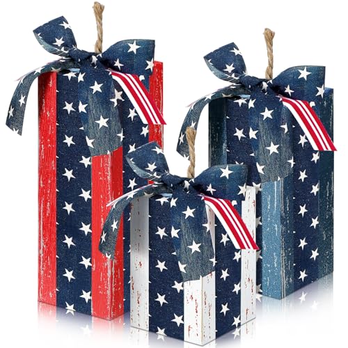 DoubleFill 3 Pcs 4th of July Decorations Patriotic Table Centerpieces 250th Wooden Fireworks Home Decor for USA Rustic Independence Day Blocks with Bowknot for Tiered Tray Shelf(Red, Blue, White)