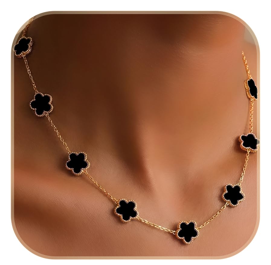 Billet-doux 18k Gold Plated 10 CloversFlower Necklace for Women 5-leaf Flower Motif Clovers with Classic Beaded Edge on a Link Chain Adjustable Size Trendy Jewelry Gifts for Easter