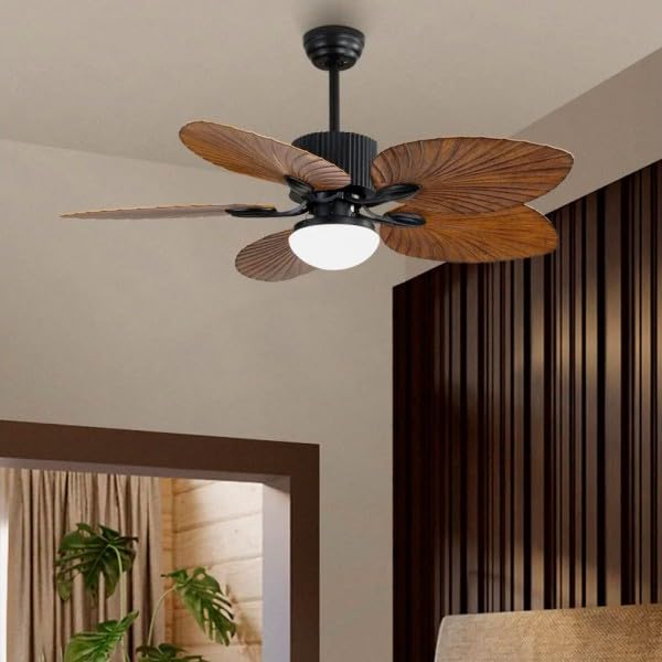 Bilake Ventilador de techo grande luz y mando Ø132 cm motor DC 5 aspas | Ventilador techo colonial estilo tropical diseño hoja de palma