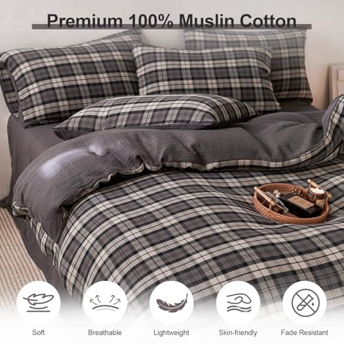 Image of EAVD Vintage Grey&Black&Beige Gingham Plaid Duvet Cover Twin Soft 100% Muslin Cotton 3-Piece Retro Grid Checkered Bedding Set with 2 Pillowcases Reversible Gingham Duvet Cover with Zipper Closure