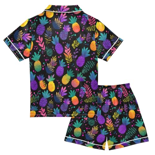 ALAZA Colorful Pineapple Leaf Dot Satin Pajamas Set Short Sleeve Button Down Sleepwear Summer Pjs 2 Piece2