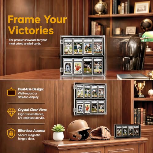 Image of 98% UV Protection Pro-Collector's Graded Sports Card Display Case for Football Baseball Basketball Hockey Comic Trading Cards (8 Cards Holder - Clear Acrylic)