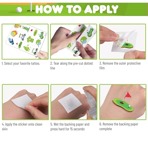 Image of 120 PCS Golf Sport Pre-Cut Temporary Tattoos | | Super Cute Themed Birthday Party Favors, Supplies, Decorations, Green Sport Fake Tattoo Stickers, Gifts for Boys Girls