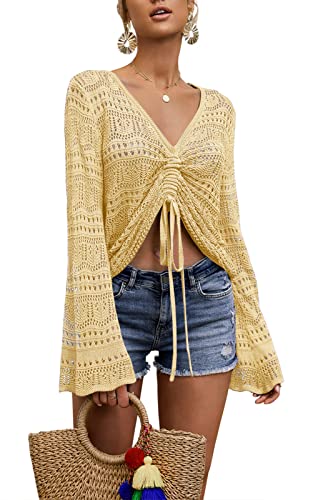 Image of Saodimallsu Womens Boho Off Shoulder Sheer Crop Tops Bell Sleeve Flowy Oversized Crochet Ruched Pullover Sweaters