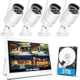 【500万高画素夜間カラー・金属製】YESKAMOO 防犯カメラ 屋外 ワイヤレス 12インチ防犯モニター 録音通話 3TB HDD内蔵 10台増設 AI人検知 フルカラー暗視 発光威嚇 H.265圧縮 監視カメラ無線セット 家庭用 IP66防水防塵 WiFiカメラ 24時間常時録画 動体検知 スマホ/PC遠隔監視（500万画素ワイヤレス防犯カメラ4台＋防犯モニター付き録画機＋3TB HDD）