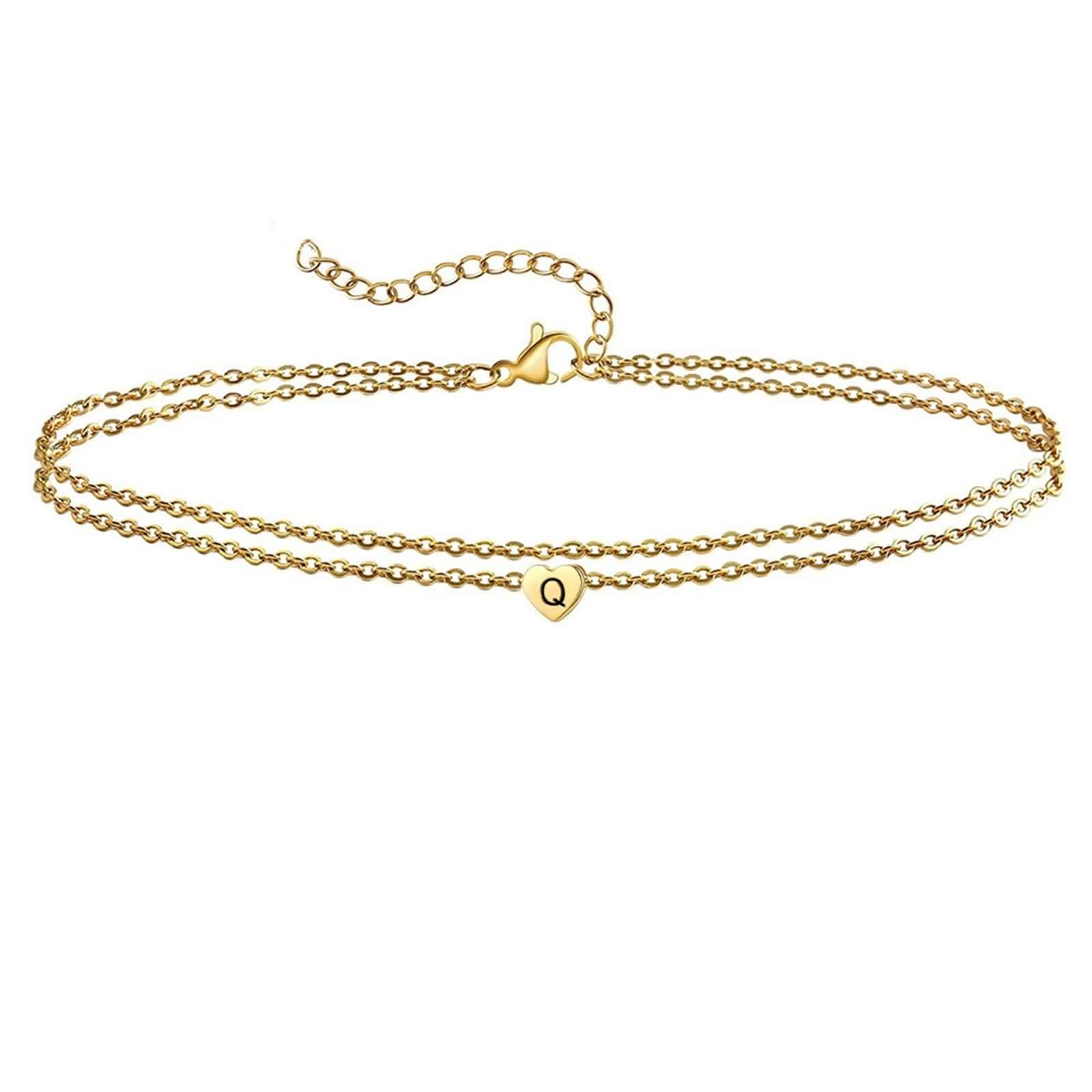 Cavigliera in oro 750 boho, doppia catena con lettere a cuore, in oro 18 carati, da donna, 20 – 30 cm