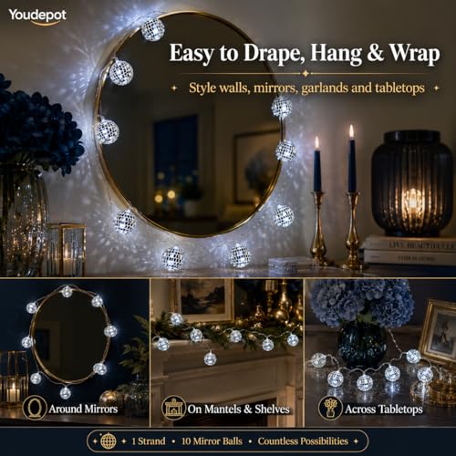 Bola espejada de 16 pulgadas Youdepot y luces de cuerda para bolas espejadas, decoración plateada para bodas, Navidad, fiestas y habitaciones miniatura 4