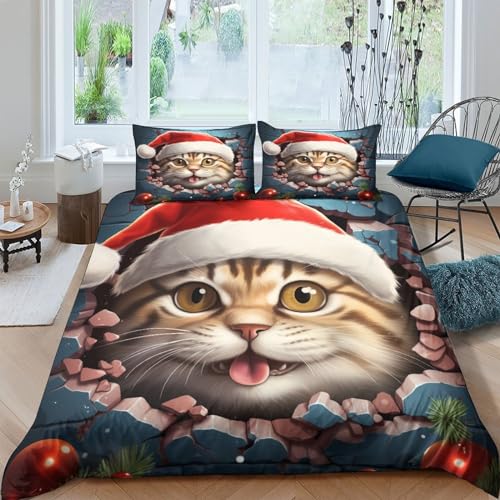 Housse de couette imprimée motif chat de Noël, cadeau idéal 3 pièces