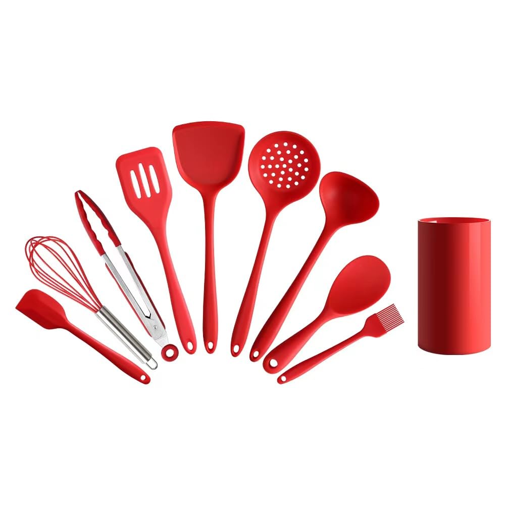 HELVAKKitchen silicone kitchenware set Cooking non-stick pan set Cooking utensils Heat resistant and easy to clean spatula set bracket including storage bucket 11-piece set (red)
