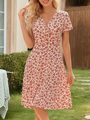 Image of MSBASIC Womens Summer Wrap V Neck Casual Dresses Floral Short Sleeve A-Line Midi Sundress