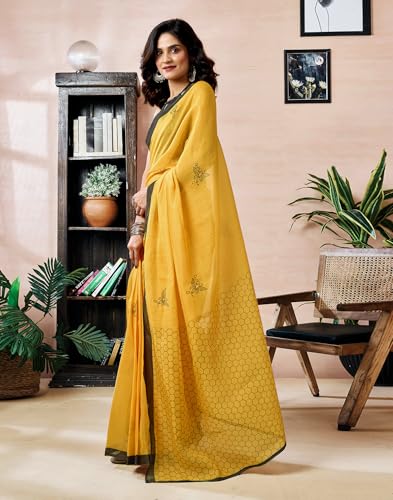 Image of SIRIL Women's Printed Chanderi Cotton One Minute Ready to Wear Saree with Unstitched Blouse Piece
