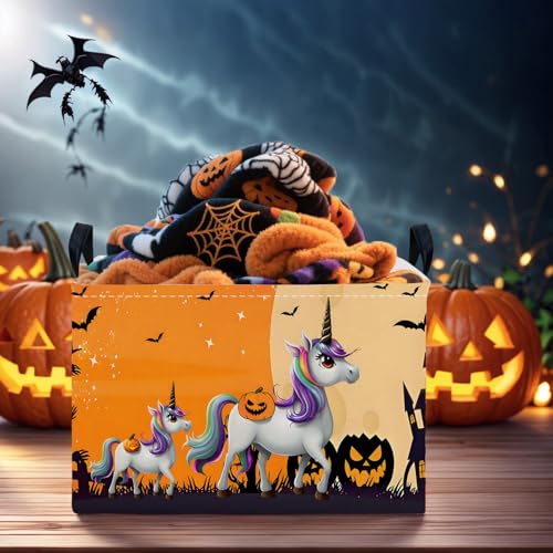 Image of Halloween Basket Gift Cute Pumpkin Ghost Parties Decor Kid Trick or Treat Basket for Boys and Girls Rectangular Storage Bin Box (Unicorn Bat)